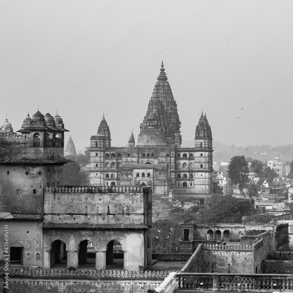 Jahangir Mahal (Orchha Fort) in Orchha, Madhya Pradesh, India, Jahangir Mahal or Orchha Palace is citadel and garrison located in Orchha. Madhya Pradesh. India, India Archaeological Site Black White