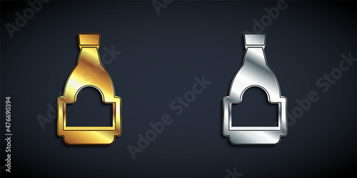 Gold and silver Soy sauce bottle icon isolated on black background. Long shadow style. Vector