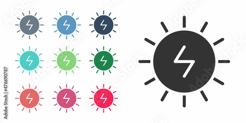Black Solar energy panel icon isolated on white background. Sun with lightning symbol. Set icons colorful. Vector