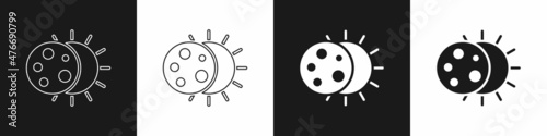 Set Eclipse of the sun icon isolated on black and white background. Total sonar eclipse. Vector