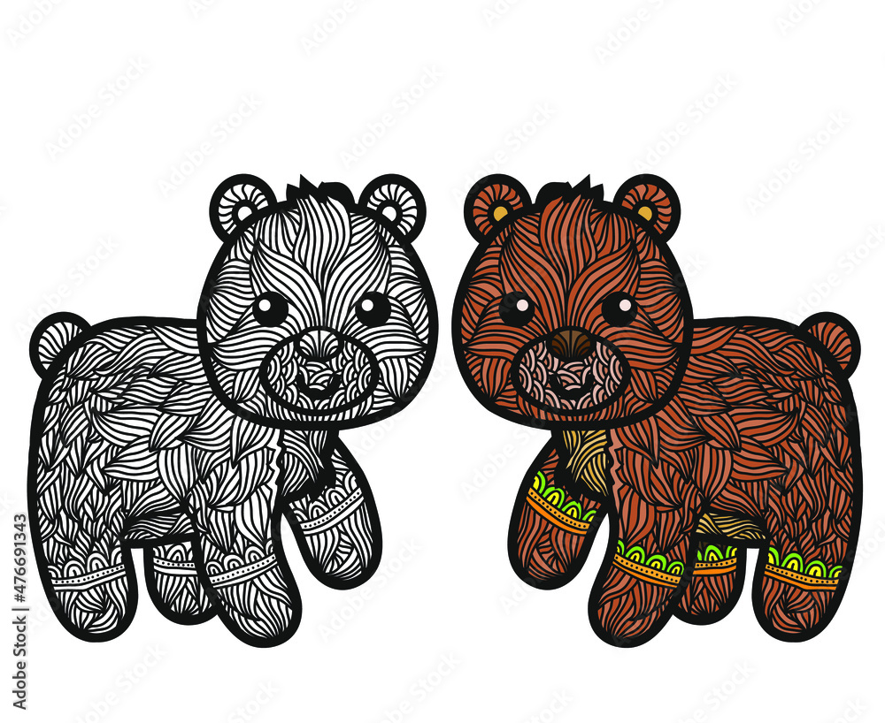 Coloring page of bear. Colorless and color samples. Freehand sketch ...