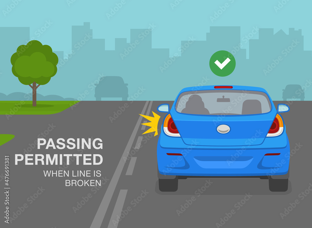 Safety driving rules. Use of street lines. Sedan car is turning to left on broken line. Passing permitted if line is broken warning design. Back view of a vehicle. Flat vector illustration template.