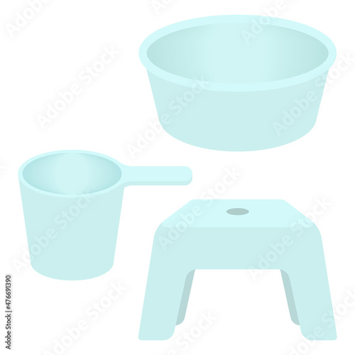 プラスチックの風呂桶と椅子のイラストセット