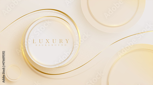 Circle frame and gold ribbon with glitter light effect element. Pastel cream elegant background.