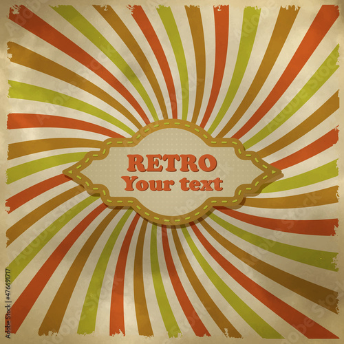 Retro background with radial rays and emblem in the center for text. Vector illustration.