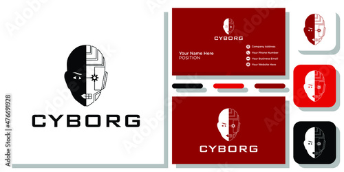 cyborg symbol robot head human with business card template 