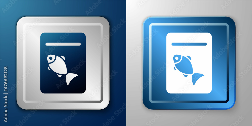 White Served fish on plate icon isolated on blue and grey background. Silver and blue square button. Vector White Served fish on plate icon isolated on blue and grey background. Silver and blue square button. Vector