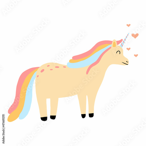  Vector illustration of aunicorn with hearts. Cute felted unicorn.