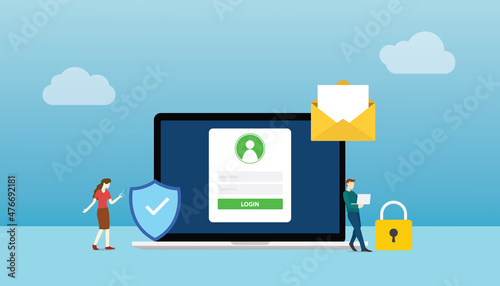 personal data security privacy concept with laptop and people account login with modern flat style