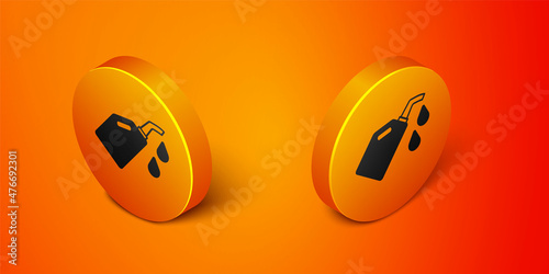 Isometric Canister for motor machine oil icon isolated on orange background. Oil gallon. Oil change service and repair. Orange circle button. Vector