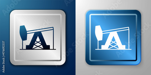 White Oil pump or pump jack icon isolated on blue and grey background. Oil rig. Silver and blue square button. Vector