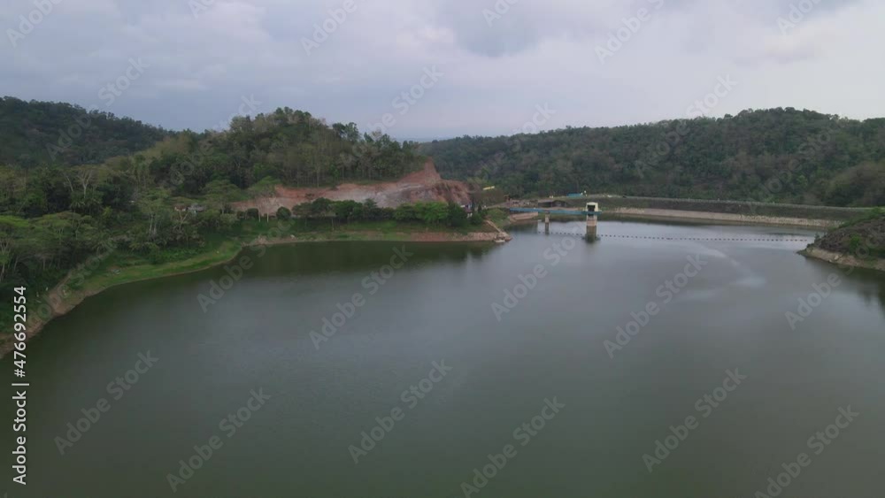 Aerial video of an artificial lake in Kulonprogo called Sermo Reservoir, Yogyakarta, Indonesia.
