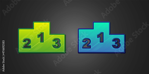 Green and blue Award over sports winner podium icon isolated on black background. Vector