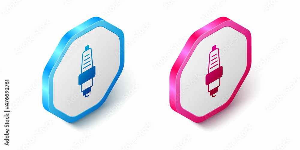 Isometric Car spark plug icon isolated on white background. Car electric candle. Hexagon button. Vector Isometric Car spark plug icon isolated on white background. Car electric candle. Hexagon button. Vector
