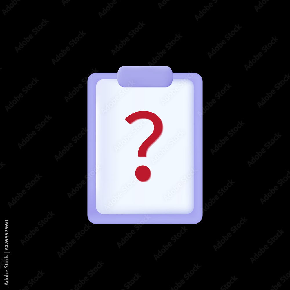 3d clipboard with question mark. Paper document after verification. Unknown information, doubt or inaccurate data. Suspicious report, problem solution or result on the clipboard. Vector illustration 3d clipboard with question mark. Paper document after verification. Unknown information, doubt or inaccurate data. Suspicious report, problem solution or result on the clipboard. Vector illustration