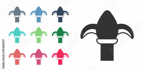Black Classic iron fence with metal pillars icon isolated on white background. Ancient wrought iron fence. Set icons colorful. Vector