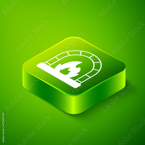 Isometric Blacksmith oven icon isolated on green background. Green square button. Vector