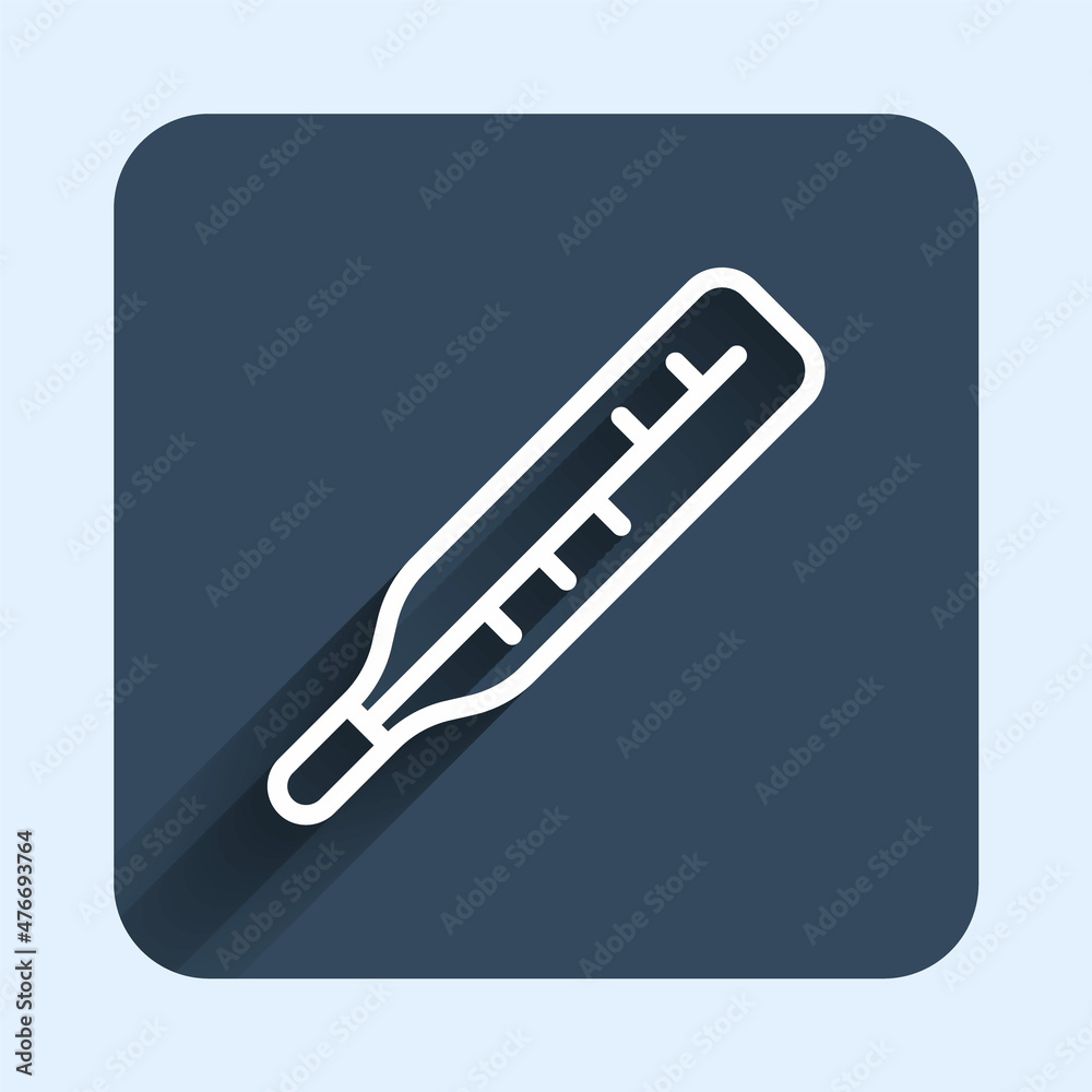 White line Medical thermometer for medical examination icon isolated with long shadow background. Blue square button. Vector White line Medical thermometer for medical examination icon isolated with long shadow background. Blue square button. Vector