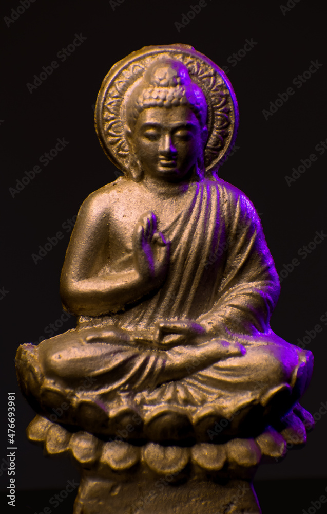 Lord Budhha statue silver colour. Black Background and lit statue with lights