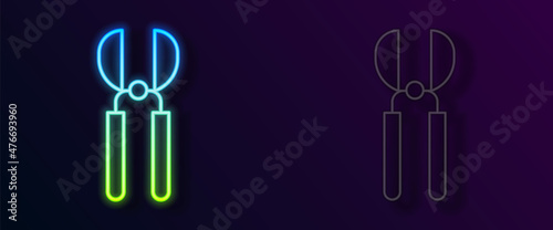 Glowing neon line Gardening handmade scissors for trimming icon isolated on black background. Pruning shears with wooden handles. Vector