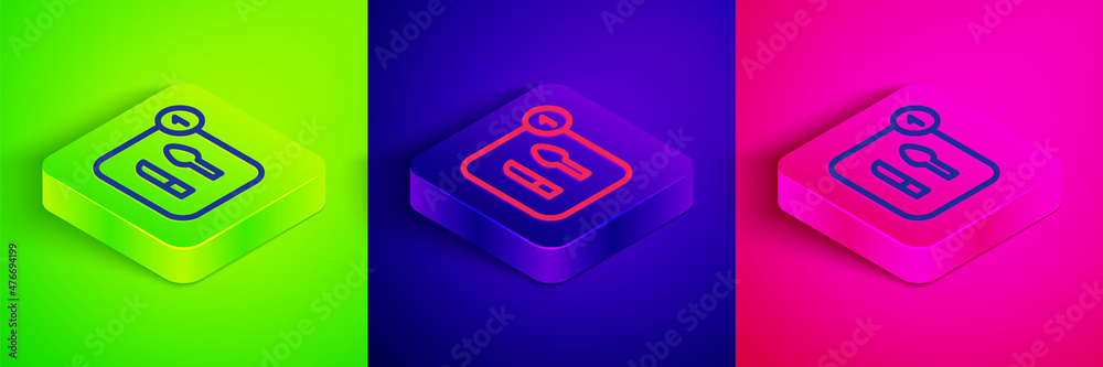 Isometric line Food ordering icon isolated on green, blue and pink background. Order by mobile phone. Restaurant food delivery concept. Square button. Vector Isometric line Food ordering icon isolated on green, blue and pink background. Order by mobile phone. Restaurant food delivery concept. Square button. Vector