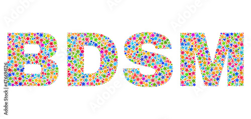 BDSM text with bright mosaic flat style. Colorful vector illustration of BDSM text with scattered star elements and small dots. Festive design for decoration titles.