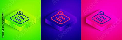 Isometric line Food ordering icon isolated on green, blue and pink background. Order by mobile phone. Restaurant food delivery concept. Square button. Vector