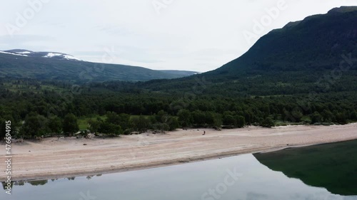 Stunning Raoura Beach At Gjevilvatnet In Trollheimen National Park, Oppdal, Norway. aerial photo