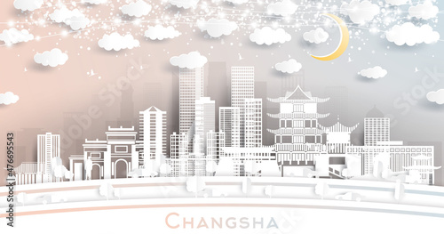 Changsha China City Skyline in Paper Cut Style with White Buildings, Moon and Neon Garland.