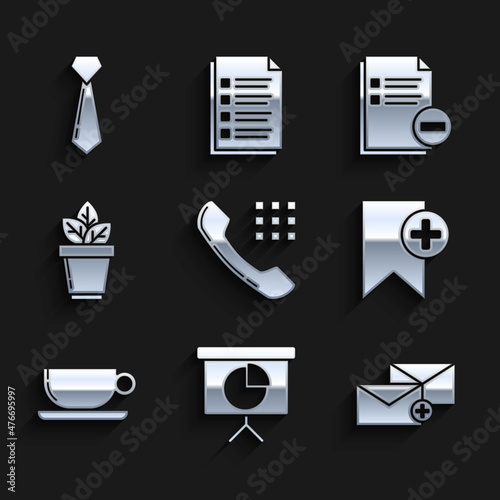 Set Telephone handset, Presentation financial board with graph, schedule, chart, diagram, infographic, pie graph, Envelope, Bookmark, Coffee cup flat, Flowers pot, Document minus and Tie icon. Vector