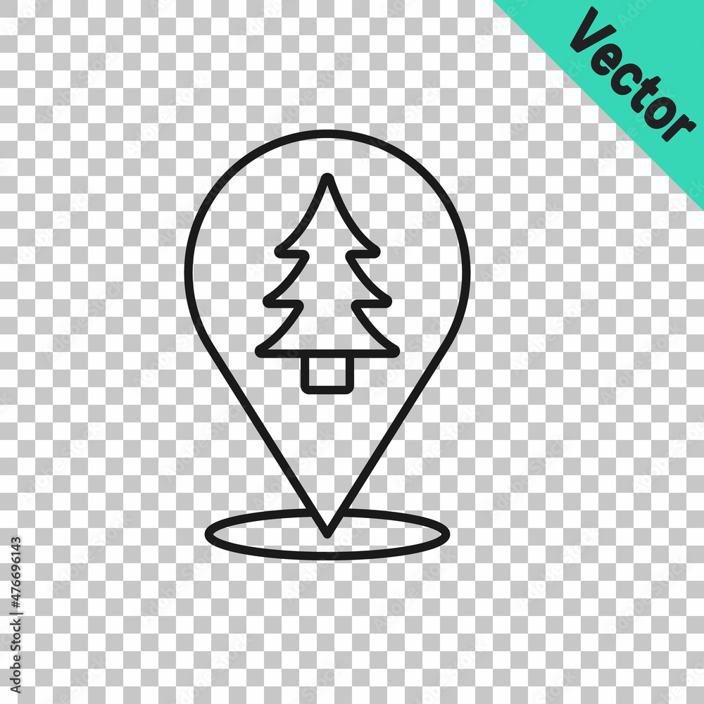 Black line Location of the forest on a map icon isolated on transparent background. Vector Black line Location of the forest on a map icon isolated on transparent background. Vector