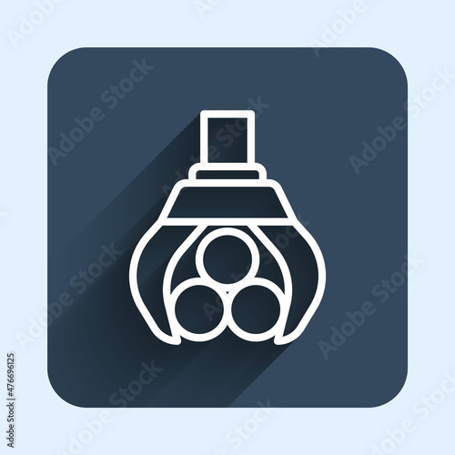 White line Grapple crane grabbed a log icon isolated with long shadow background. Forest industry. Industrial crane for lumber trunk wood production. Blue square button. Vector