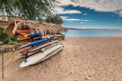 Sport kayaks on sandy beach of the Red Sea in Eilat - famous tourist resort a...
