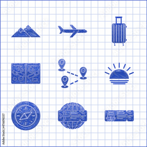 Set Route location, Airline ticket, Cruise for traveling by ship, Sunset, Compass, Passport pages with visa stamps, Suitcase and Mountains icon. Vector