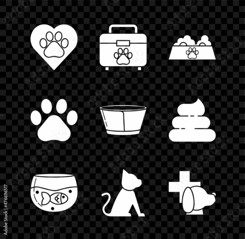 Set Heart with animals footprint, Pet first aid kit, food bowl for cat or dog, Aquarium fish, Cat, Veterinary clinic symbol, Paw and Protective cone collar icon. Vector