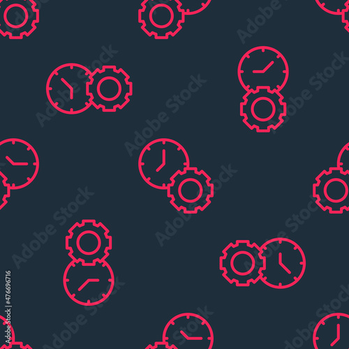 Red line Time management icon isolated seamless pattern on black background. Clock and gear sign. Productivity symbol. Vector