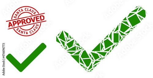 Simple geometric accept tick mosaic and Santa Claus Approved dirty stamp print. Red stamp seal has Santa Claus Approved text inside circle and lines form.