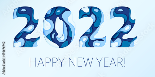 Happy new year 2022 lettering bold letters composition phrase with paper cut effect. Vector illustration for greeting card, poster, invitation, banner, window dressing.