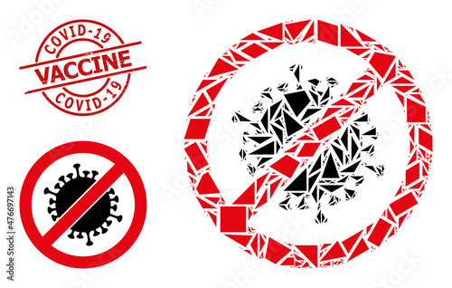 Simple geometric stop coronavirus mosaic and Covid-19 Vaccine rubber stamp imitation. Red stamp contains Covid-19 Vaccine caption inside circle and lines shape.