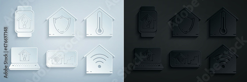 Set Mobile phone with smart home with wi-fi, House temperature, Laptop house and light bulb, Smart, under protection and watch icon. Vector