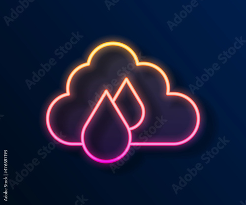 Glowing neon line Cloud with rain icon isolated on black background. Rain cloud precipitation with rain drops. Vector