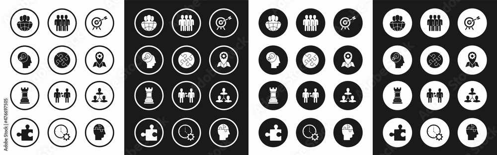 Set Target with arrow, Piece of puzzle, Human head lamp bulb, Globe and people, Location job, Users group, Project team base and Business strategy icon. Vector Set Target with arrow, Piece of puzzle, Human head lamp bulb, Globe and people, Location job, Users group, Project team base and Business strategy icon. Vector
