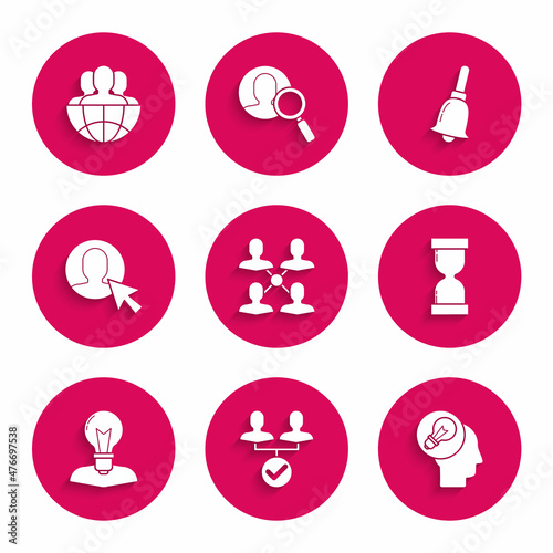 Set Project team base, Human head with lamp bulb, Old hourglass flowing sand, User of business suit, Ringing bell and Globe people icon. Vector