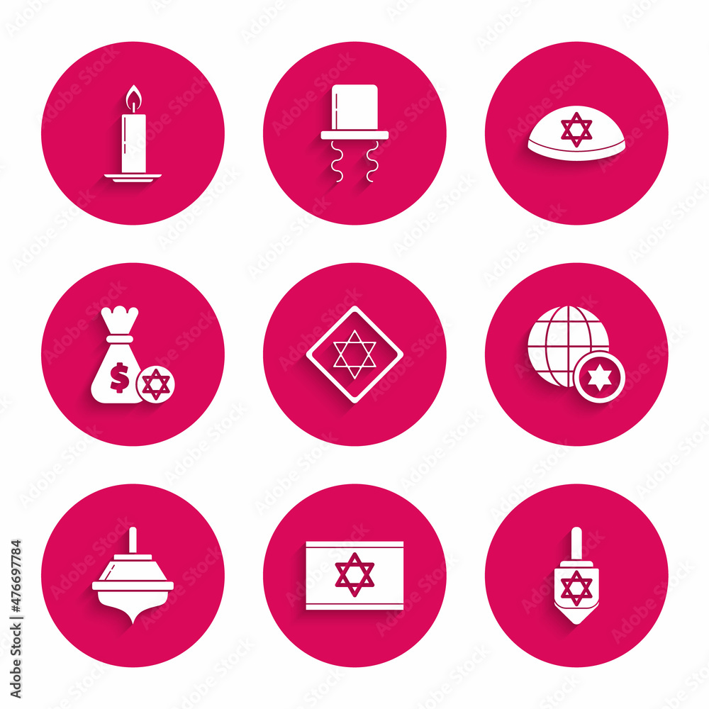 Set Star of David, Flag Israel, Hanukkah dreidel, World Globe and, Jewish money bag with star david coin, kippah and Burning candle candlestick icon. Vector Set Star of David, Flag Israel, Hanukkah dreidel, World Globe and, Jewish money bag with star david coin, kippah and Burning candle candlestick icon. Vector