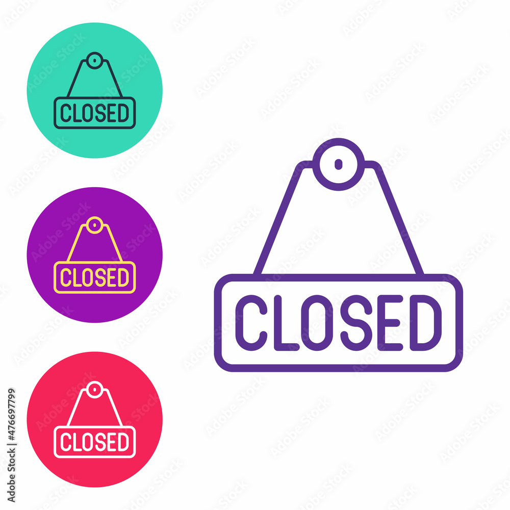 Set line Hanging sign with text Closed icon isolated on white background. Business theme for cafe or restaurant. Set icons colorful. Vector Set line Hanging sign with text Closed icon isolated on white background. Business theme for cafe or restaurant. Set icons colorful. Vector