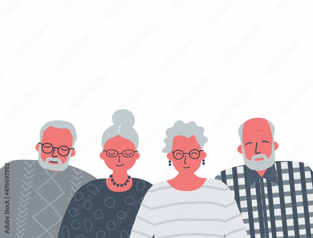Elderly men and elderly women are standing together. Community of older people. People icons. Vector illustration