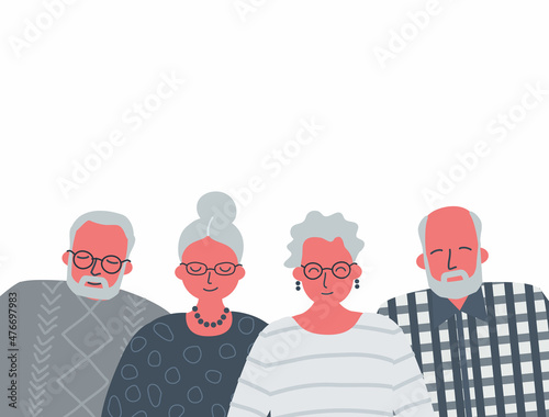 Elderly men and elderly women are standing together. Community of older people. People icons. Vector illustration