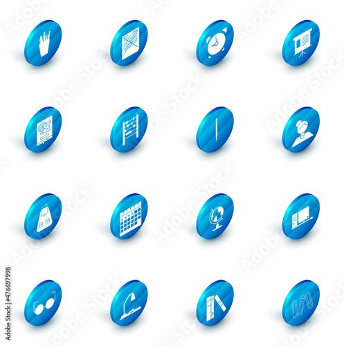 Set Exam paper with incorrect answers survey, schedule, chart, diagram, infographic, pie graph, Board, School backpack, Abacus, Teacher and Pencil eraser icon. Vector
