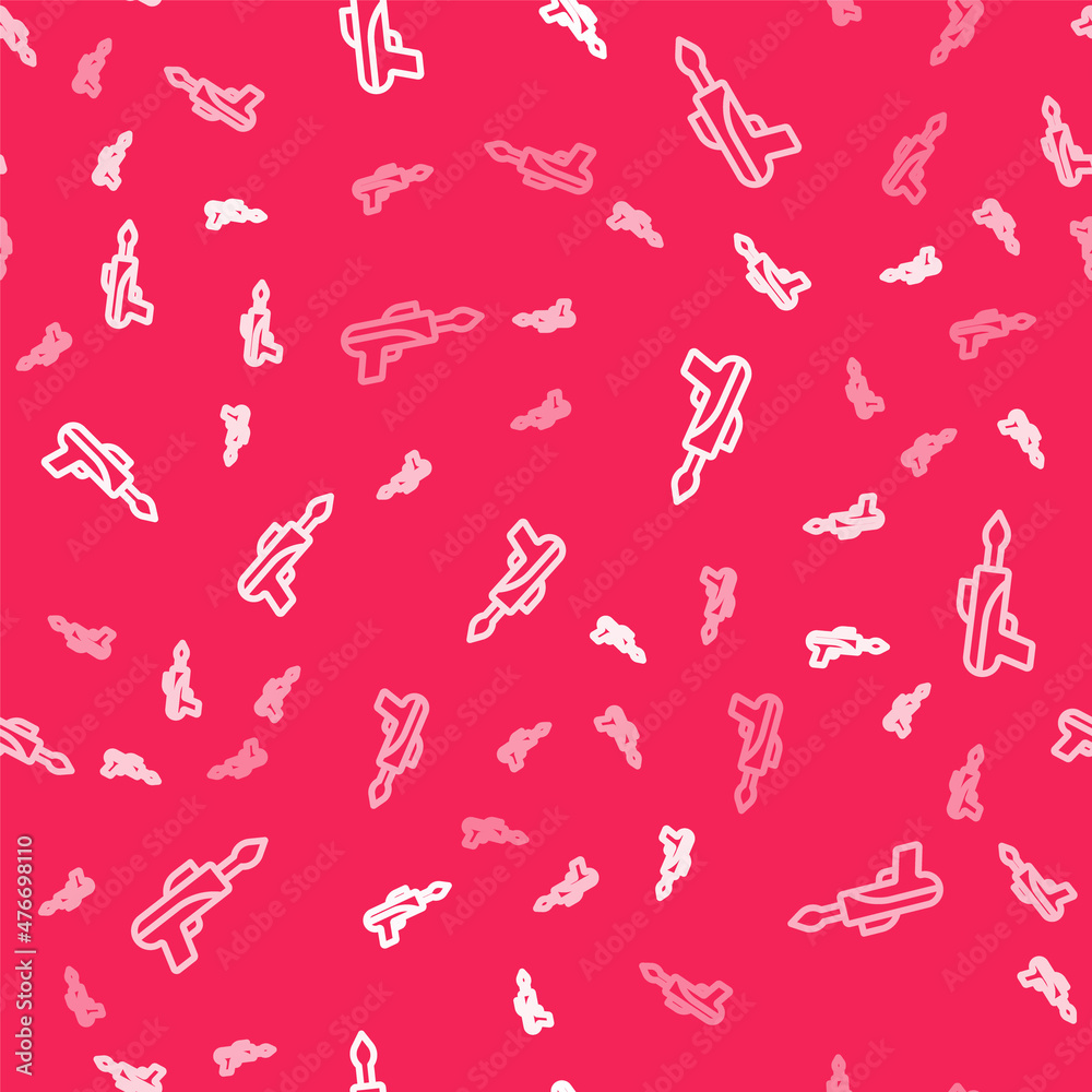 White line Fishing harpoon icon isolated seamless pattern on red background. Fishery manufacturers for catching fish under water. Diving underwater equipment. Vector White line Fishing harpoon icon isolated seamless pattern on red background. Fishery manufacturers for catching fish under water. Diving underwater equipment. Vector