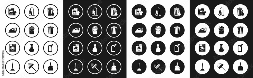 Set Trash can and garbage bag, Bucket with foam bubbles, Electric iron, Washer t-shirt, Vacuum cleaner, Plastic bottles for liquid dishwashing liquid and icon. Vector Set Trash can and garbage bag, Bucket with foam bubbles, Electric iron, Washer t-shirt, Vacuum cleaner, Plastic bottles for liquid dishwashing liquid and icon. Vector
